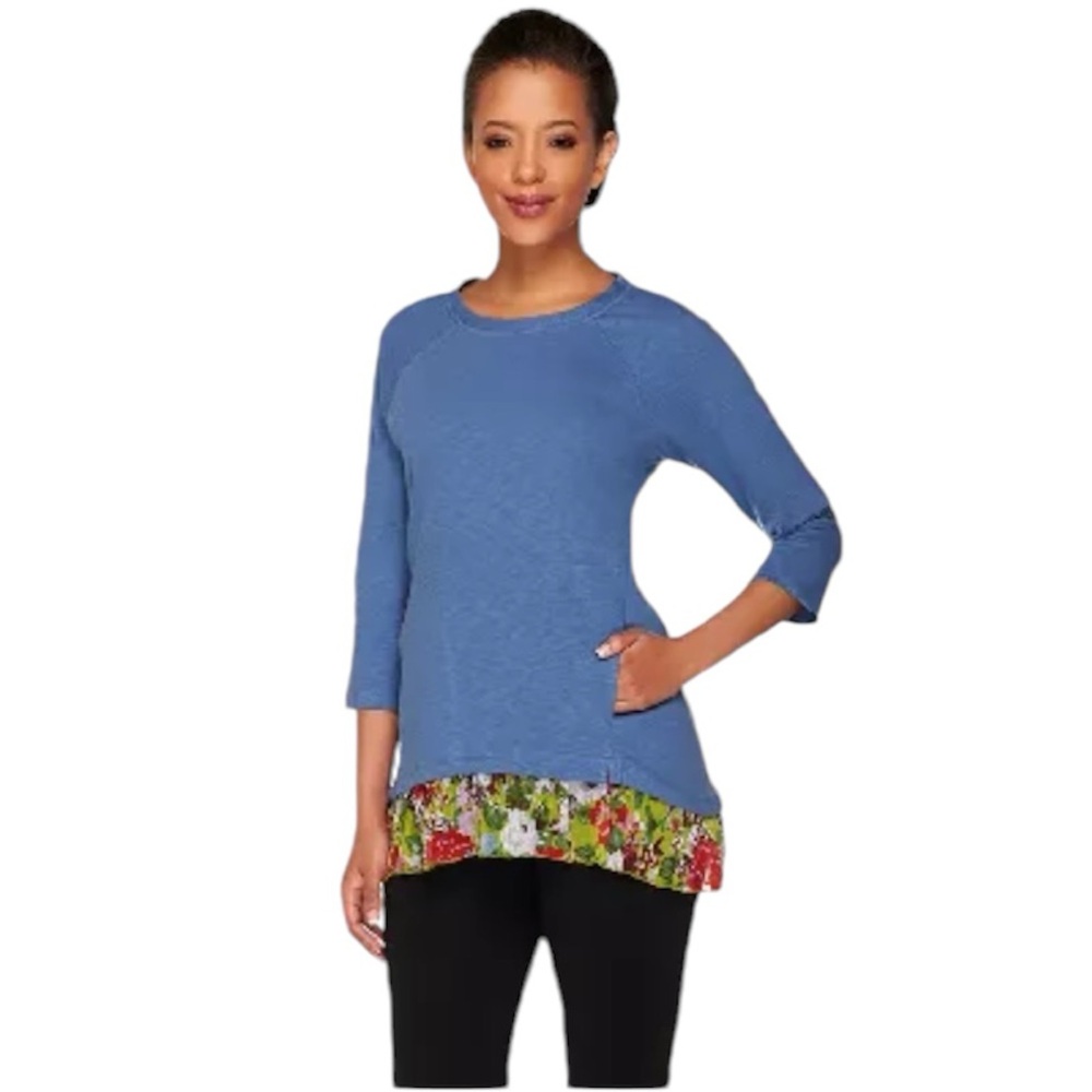 LOGO by Lori Goldstein Cotton Slub Top with Printed Hem Medium